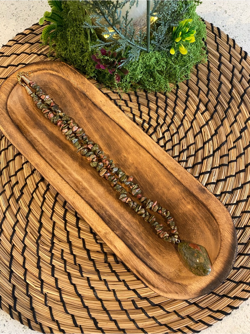Handmade Unakite healing stone Necklace with Unakite pendant w Gold accents